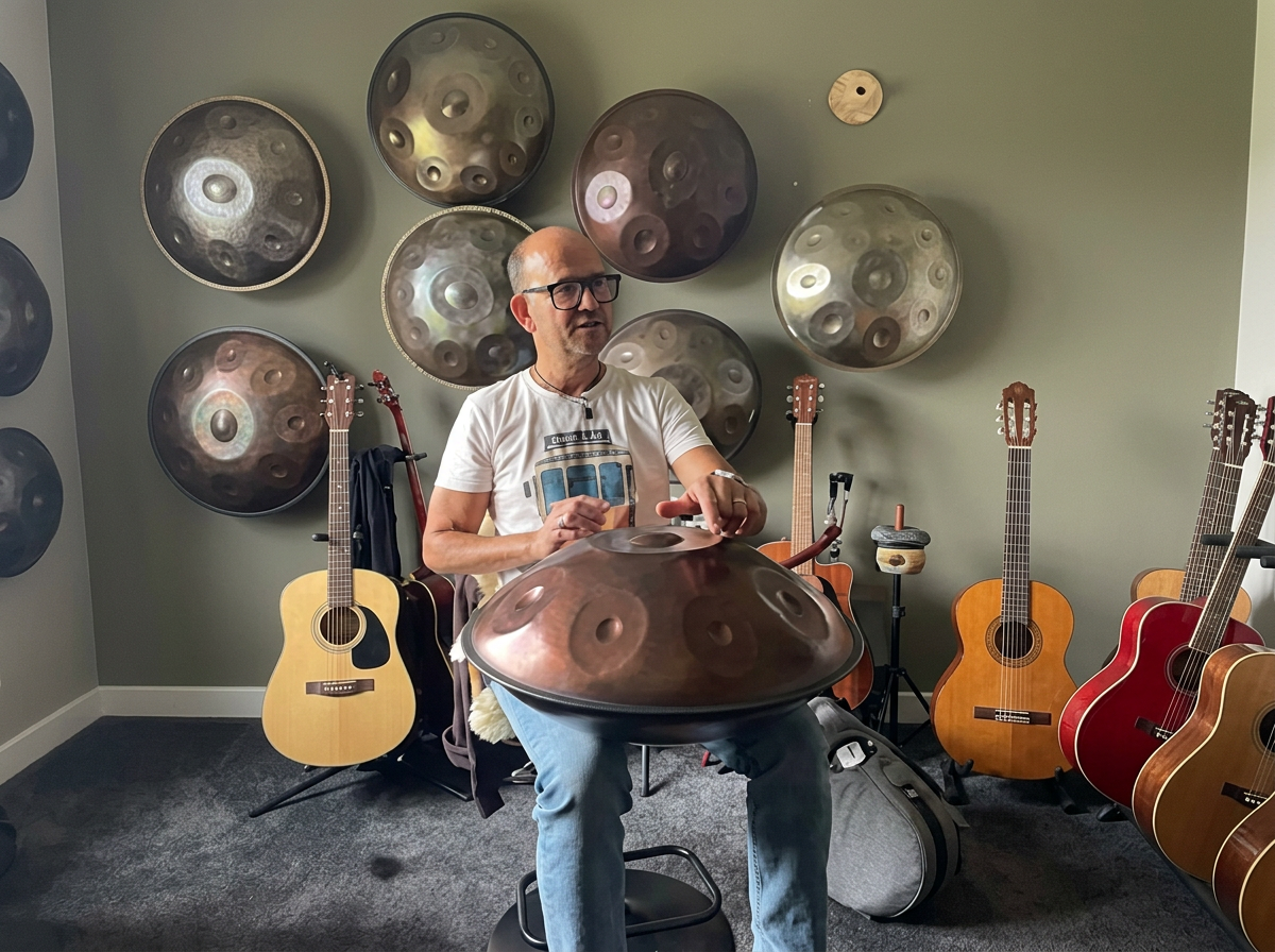 David speelt handpan in de lesruimte